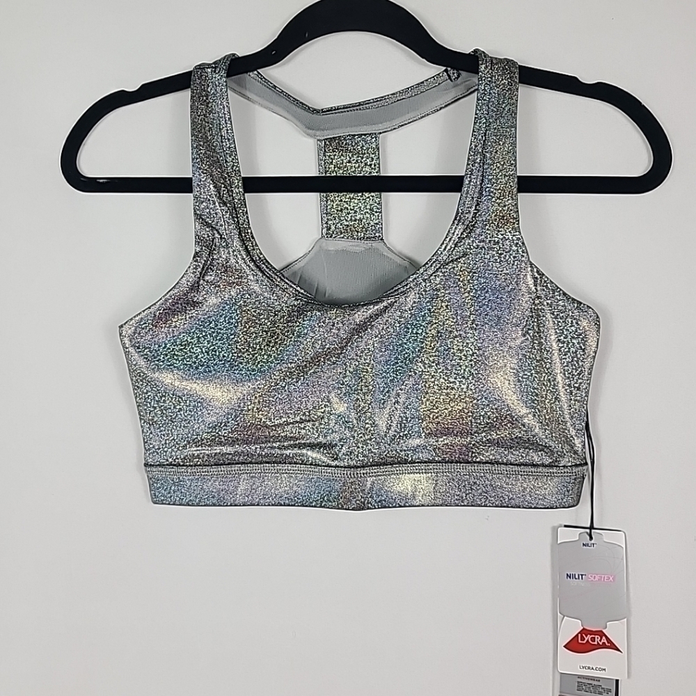 NEW Mono B Our Of This World Silver Foil Racerback Sports Bra Sz S NWT
